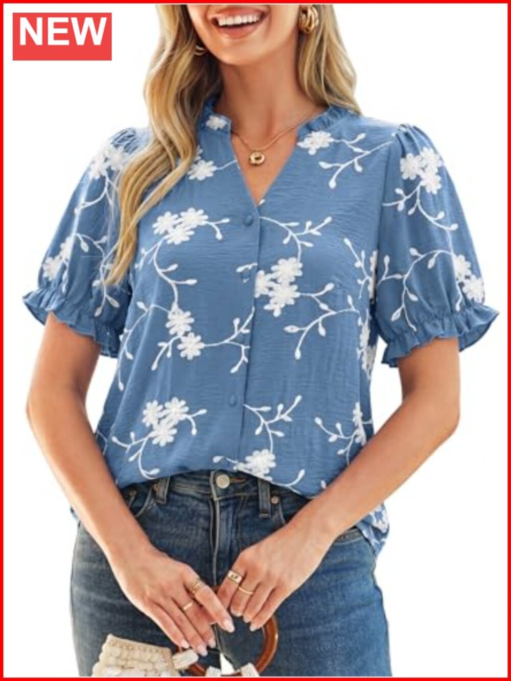 Women's Ruffle V-Neck Button Down Embroidered Blouse